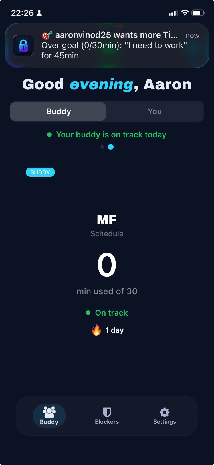 Your friend's phone: a push notification 'aaronvinod25 wants more TikTok — over goal, I need to work, 45 min' arriving on their ScrollBuddy dashboard.